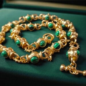 Matte Gold Byzantine Revival Malachite Cabochon Toggle Necklace
